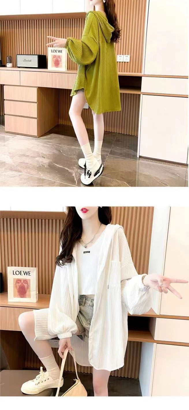 plus Size300White Long Sleeve Sun Protection Jacket for Women, Summer Versatile Mid-Length Loose Cardigan with Hood