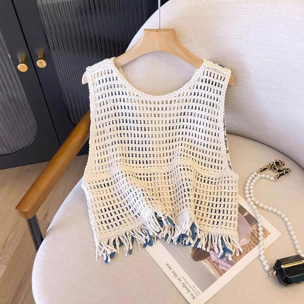Ethnic Style Diamond Pattern Tassel Knitted Vest Women Xinjiang Grassland Beach Vacation Hollow Out Cardigan