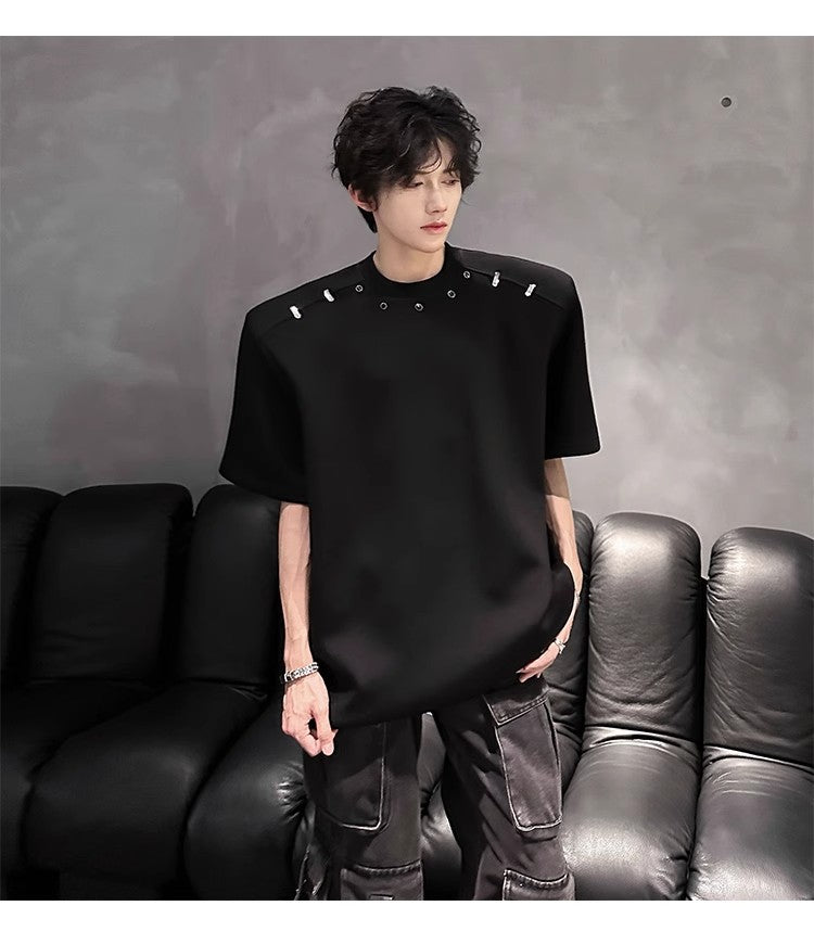 2025High-end Stylish Padded Shoulder Short Sleeve T Men's Summer Shirt with Unique Metal Decoration Design Heavyweight Top t T-shirt