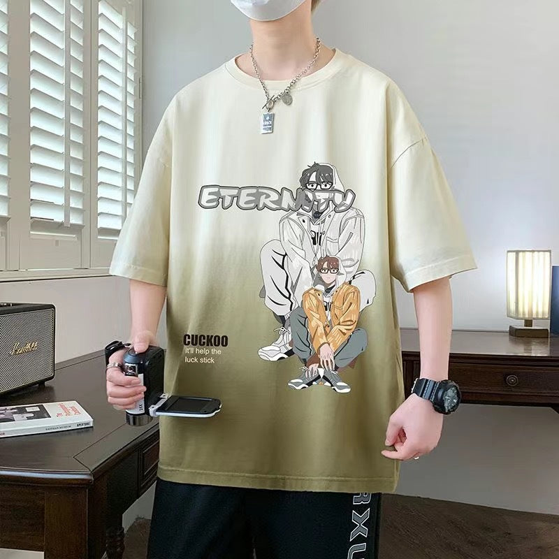 2025Summer New Men's Youth Casual Stylish Trendy Loose Short Sleeve T Shirt Gradient Color for Middle and High School Students