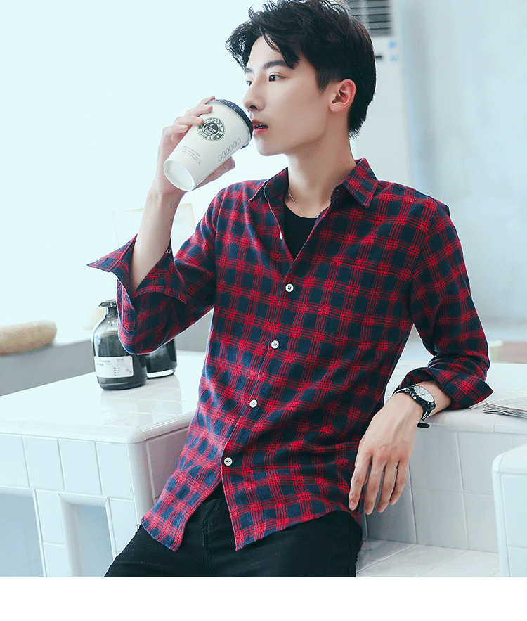 2025Plaid Long Sleeve Shirt Men Korean Version Slim Fit Youth Trendy Handsome Shirt Couple Casual Thin Shirt