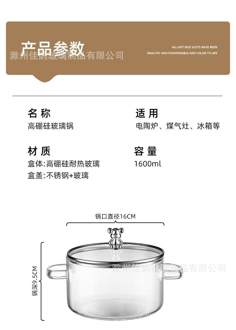 Creative Bear Double Ear Soup Pot Striped Pot Glass Transparent Health Pot Electric Ceramic Stove Heatable Instant Noodle Bowl Milk Pot