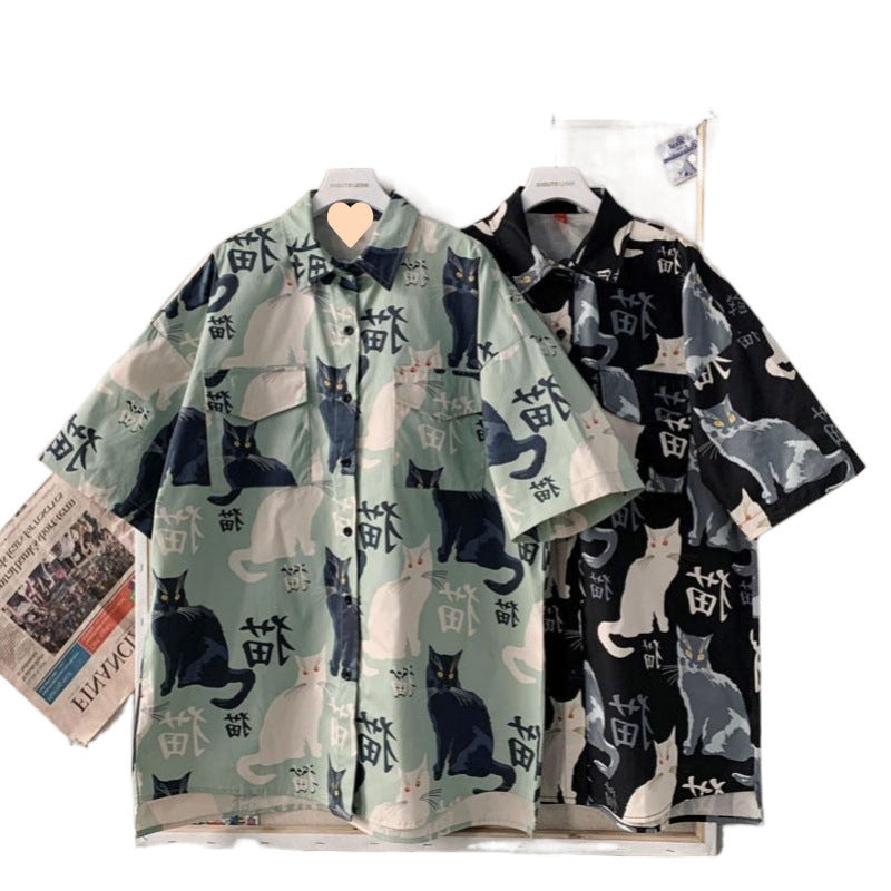 Summer Japanese Style Short Sleeve Shirt Men Half Sleeve Shirt Hong Kong Style Trendy Cat Print Student Loose Casual Shirt12