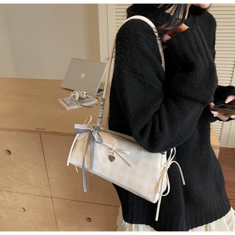 Dopamine Plaid Handbag Small Tote Bag for Women Summer2025New Ballet Style Bow Baguette Bag Underarm Bag Trendy
