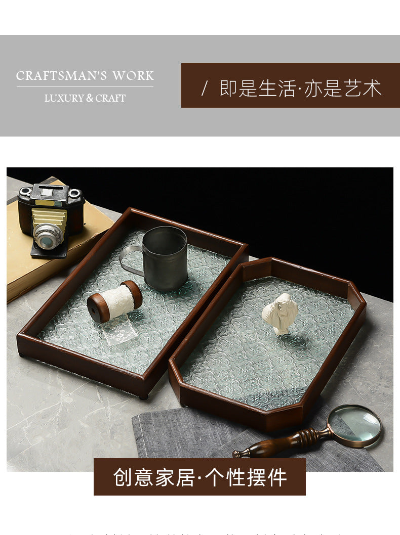 Begonia Embossed Glass Tray Walnut Color Rectangular Tea Tray Storage Ornaments Tea Water Cup Fruit Snack Plate