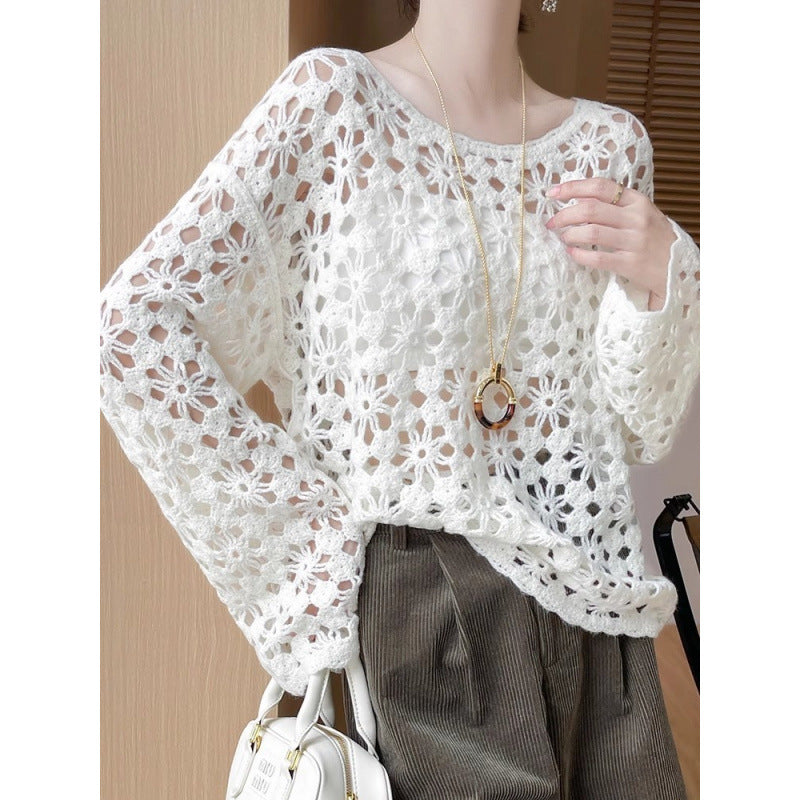 Early Autumn New Chinese Style Heavy Crochet Hollow Knit Sweater for Women100Commuting Autumn Lazy Style Sweater Cardigan
