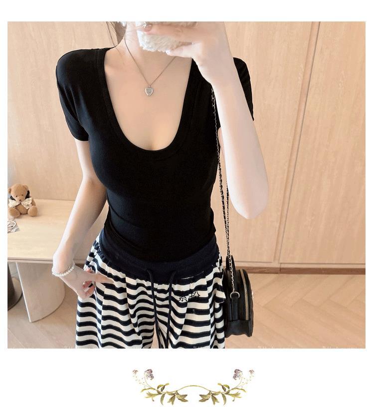 White u Pure Desire Slim Fit Tight Shoulder Short Sleeve t Women's Summer Shirt with Chest Pads Lace Hollow Out Hot Girl Short Top Black