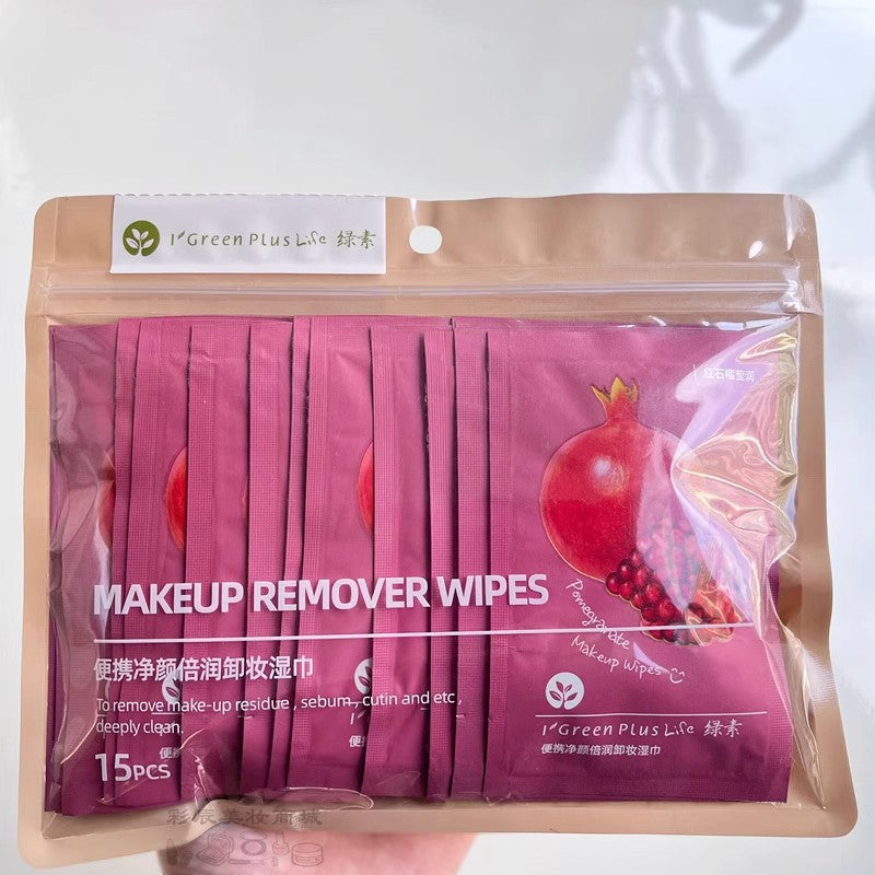 Green Pigment Makeup Remover Wipes Lazy Makeup Remover Wipes Portable Cleansing Aloe Vera Red Pomegranate Avocado Individually Packaged15Piece