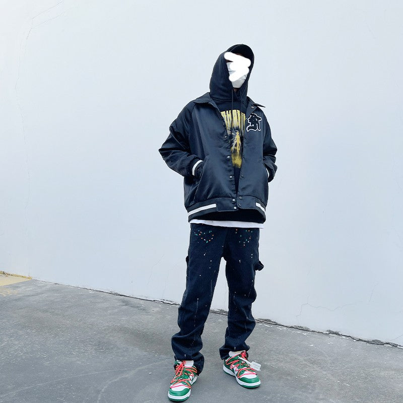2023New Graffiti Ink Splash Damage Dept Casual Retro Niche vibo High Street Men's and Women's Flared Jeans