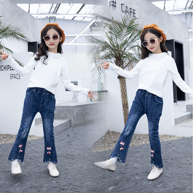 Children's Clothing Wholesale Girls' Jeans Spring and Autumn New Style Medium and Large Children's Slim Pants Baby Casual Girls' Flared Long Pants