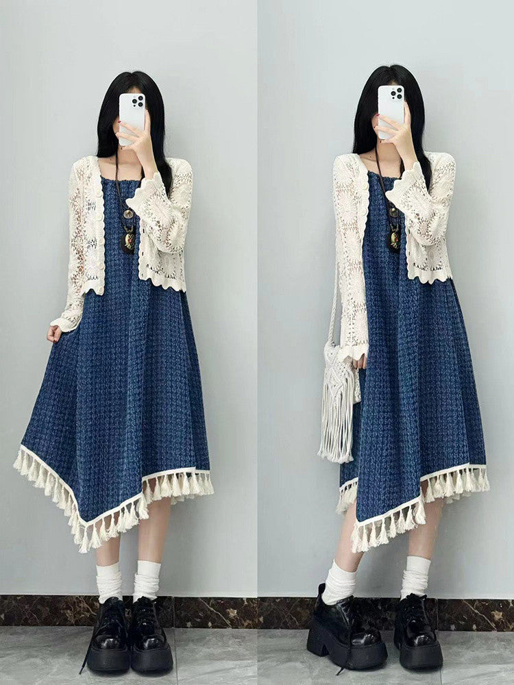 Vintage Design Summer Denim New Tassel Strap Dress for Female Students Hollow Out Sunscreen Cardigan Two-Piece Set