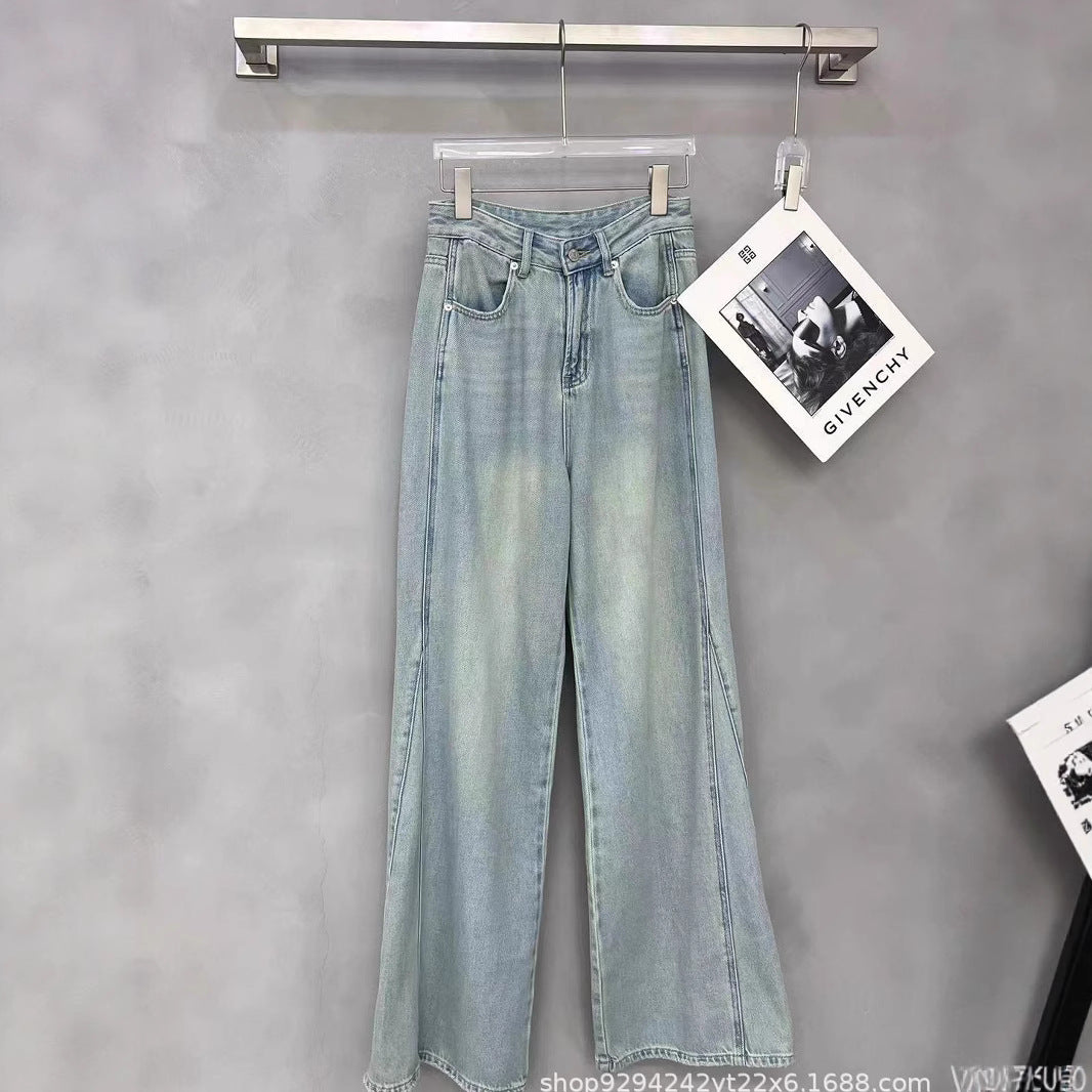2025New Women's Light Blue Flared Pants Four Seasons Thin Straight Wide-Leg Floor-Length Pants Nanyou Casual Denim Trousers
