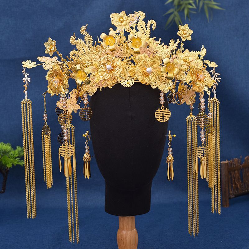 Bridal Hair Accessories Set Tiara Versatile Qing Dynasty Style Xiuhe Costume Crown Veil Hair Accessories Makeup Gold