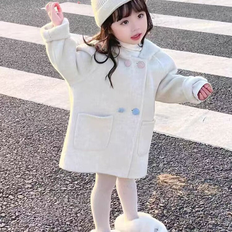 Girls' Wool Coat with Fleece Lining and Thickened2024Autumn and Winter New Cute Baby Girl Stylish Korean Children's Clothing Wool Coat