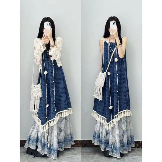 Vintage Design Summer Denim New Tassel Strap Dress for Female Students Hollow Out Sunscreen Cardigan Two-Piece Set