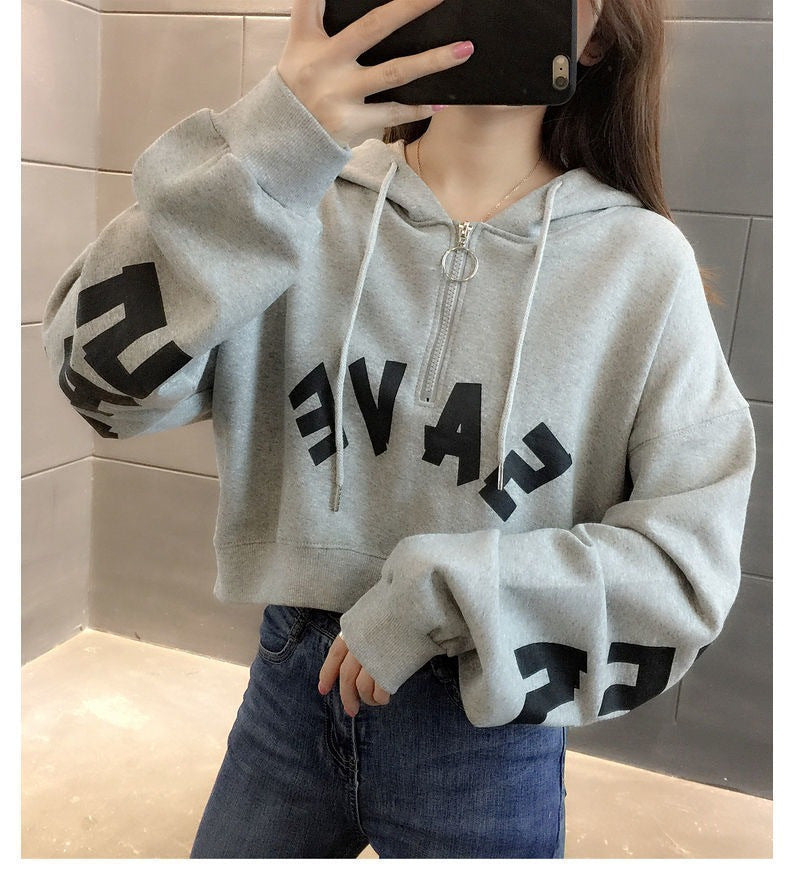 Half Zipper Hooded Short Petites Sweatshirt Women2025New Early Autumn Thin High-Waisted Stylish Streetwear Jacket Trend