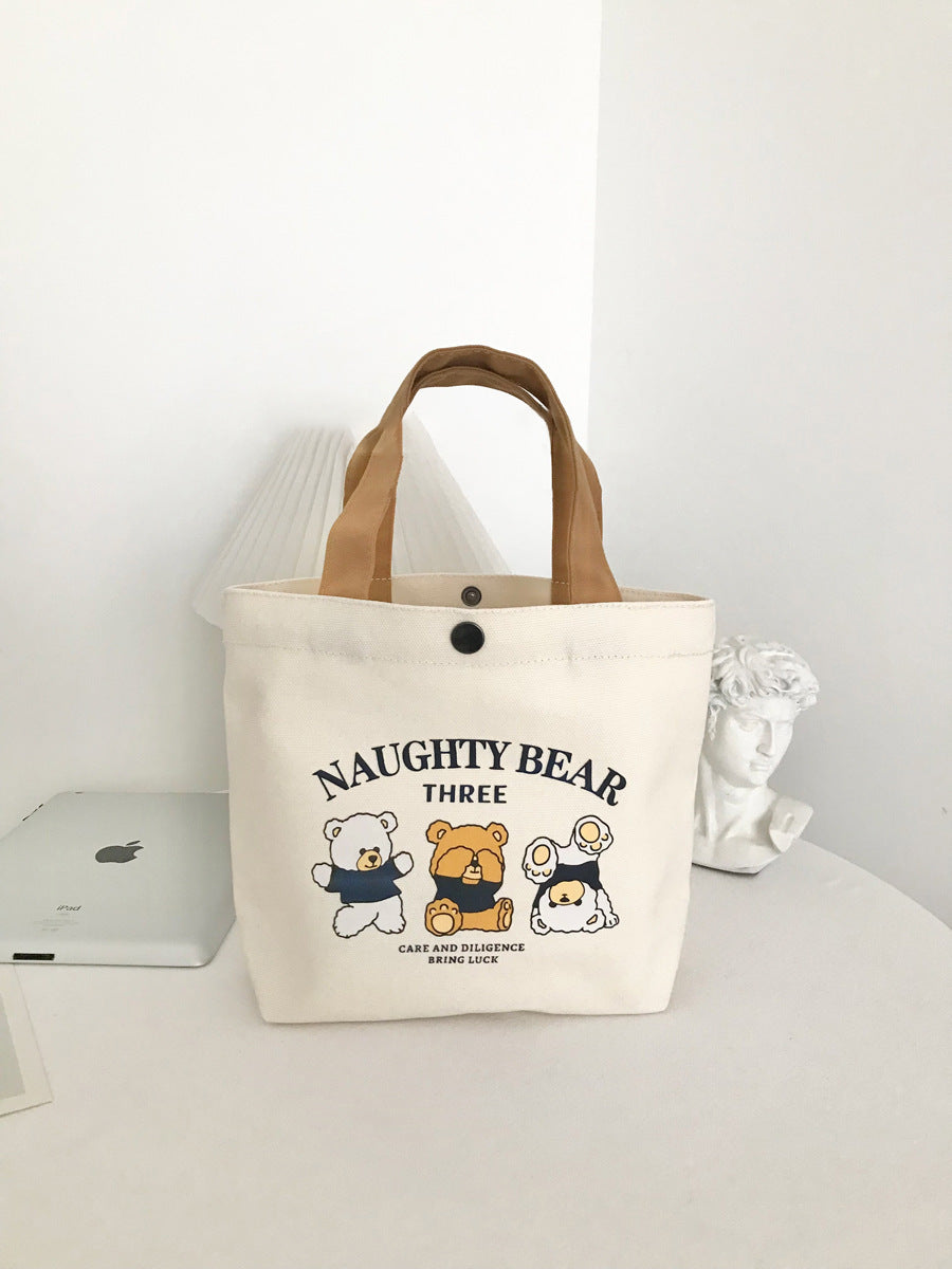 New Bear Canvas Bag for Female Students, Portable Small Handheld Lunch Bag, Tote Bag, Canvas Pouch, Gift Bag