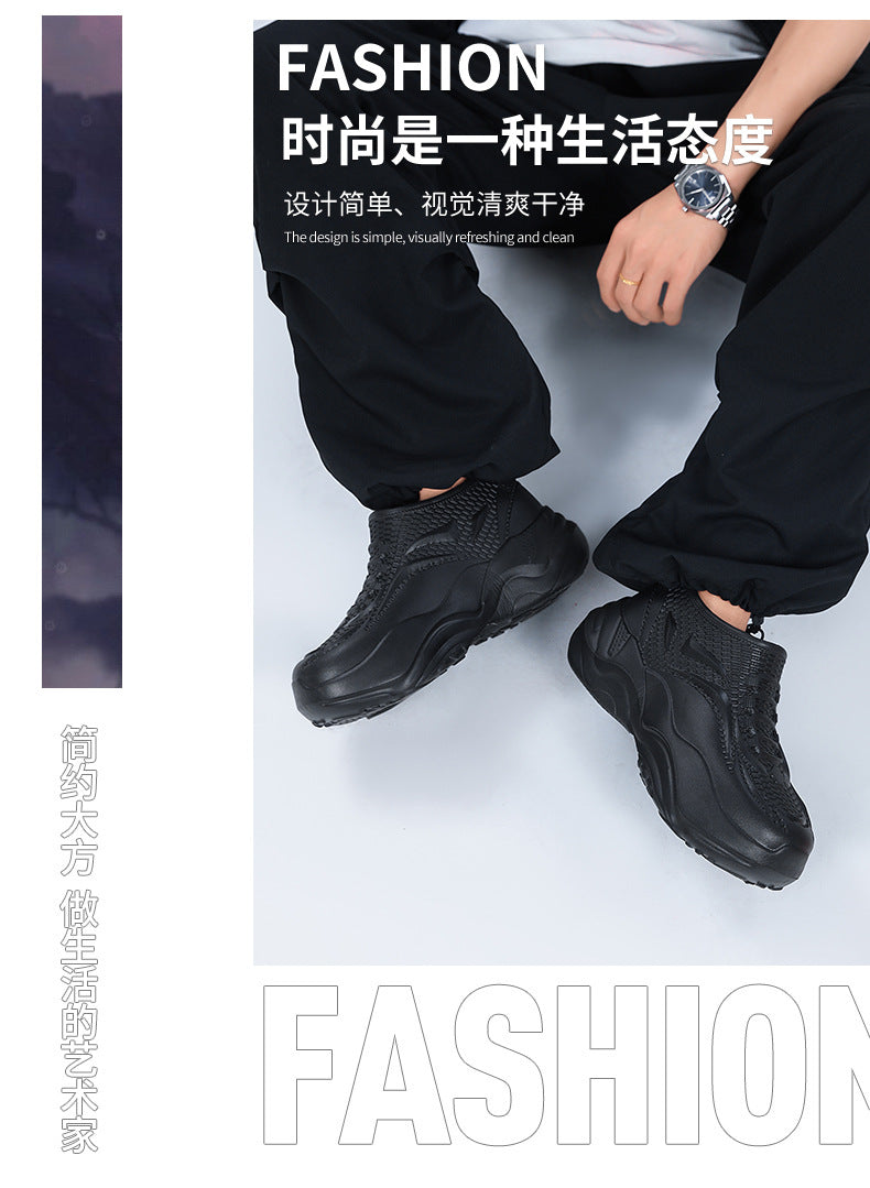 Kitchen Non-Slip Shoes for Men, Summer Breathable Thick Sole Pure Black Chef Waterproof Work Shoes, Outdoor Sports Fishing Rubber Shoes