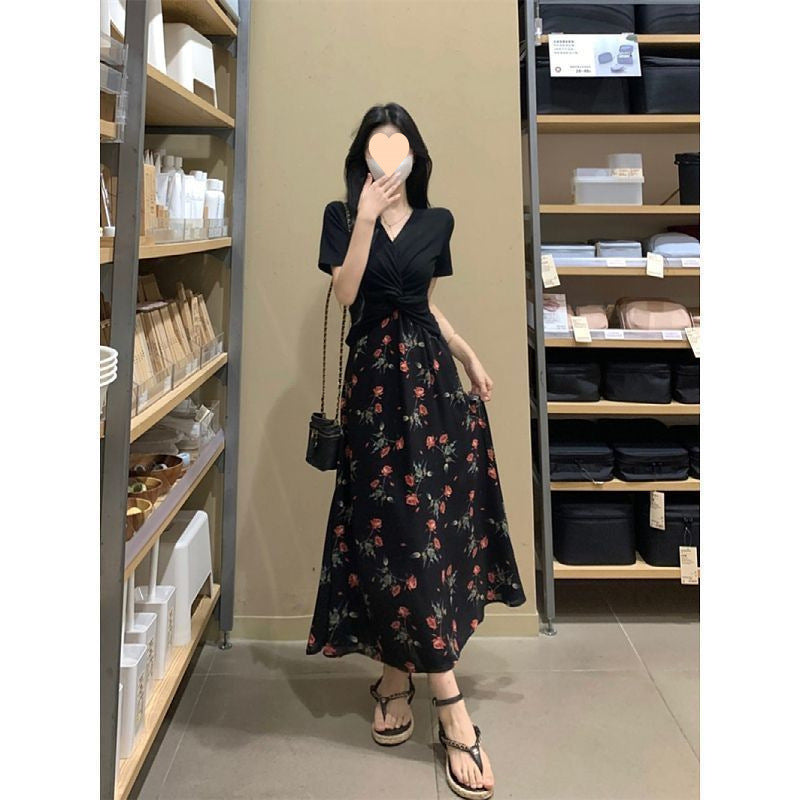 Plus Size Women's Tea Break French Style Dress Summer Hepburn Style Fake Two-Piece Floral Dress Slimming Waist Dress