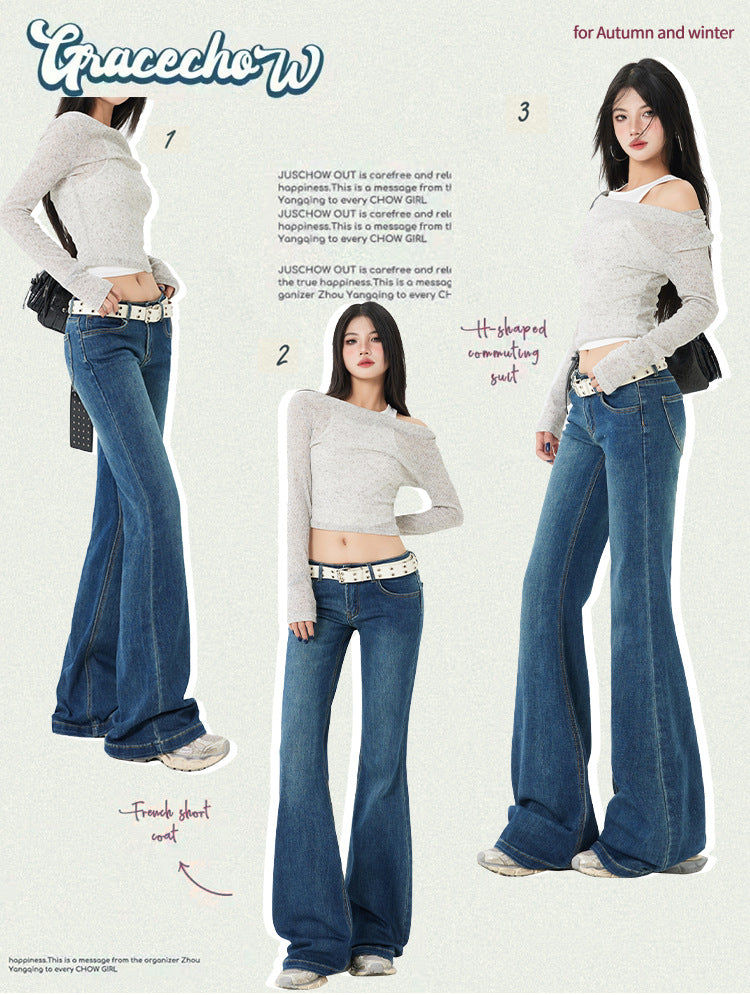 American Style Spicy Girl Retro Flared Jeans for Women Spring and Autumn2025New dark blue low-waist wide-leg floor-length pants