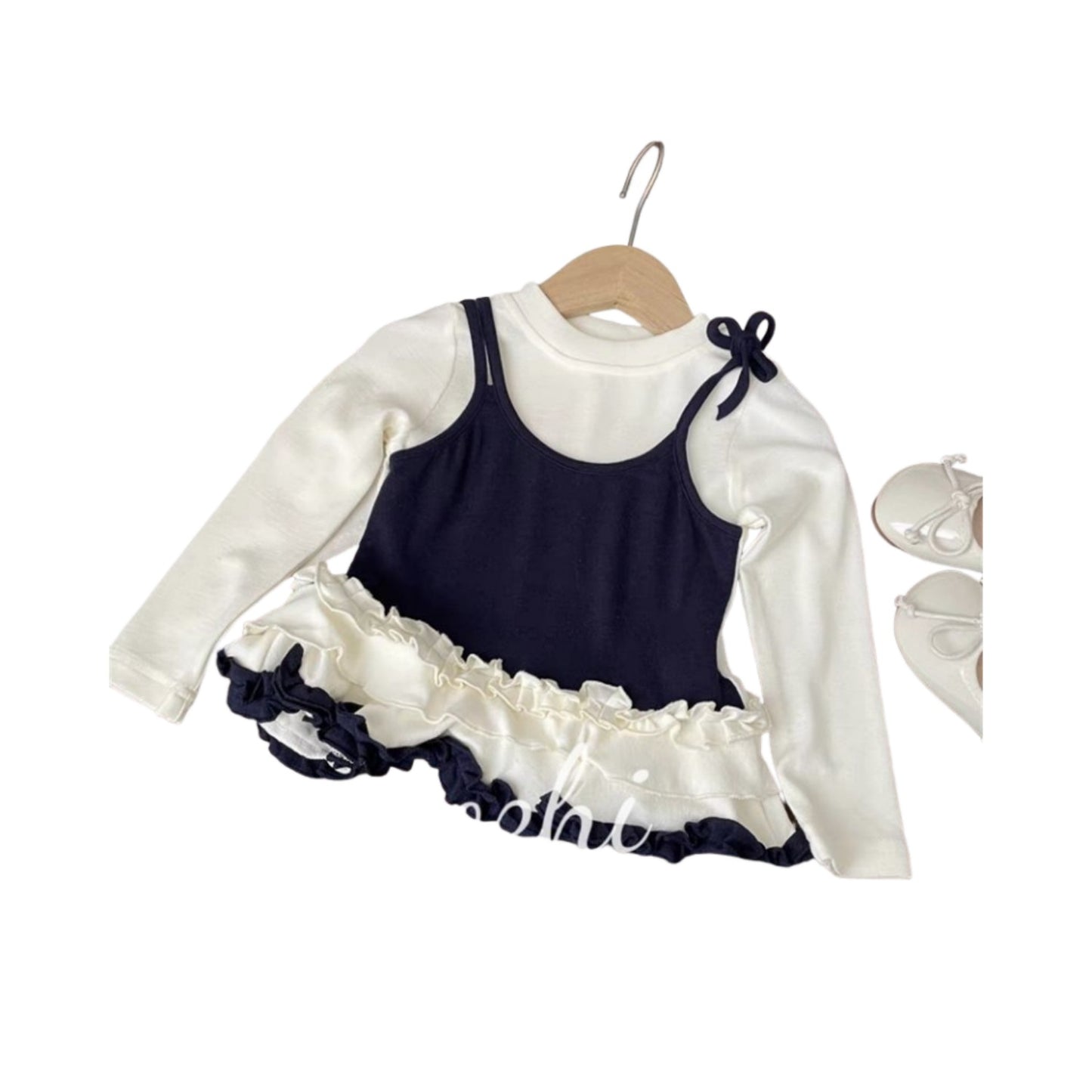 Sweet Little Girl Autumn Outfit Set Autumn Children's Lace Fake Two-Piece t T-shirt Top Polka Dot Pants Baby Set
