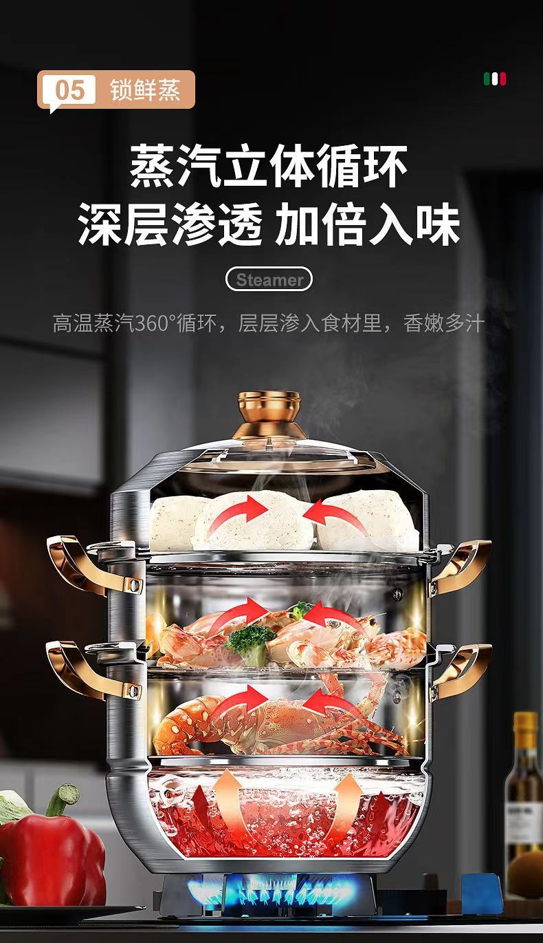 【Same Low Price】Steamer316Stainless Steel Household Food Grade304Thickened Soup Pot for Steaming Buns, Double Layer, Three or Four Layers, Compatible with Induction Cookers