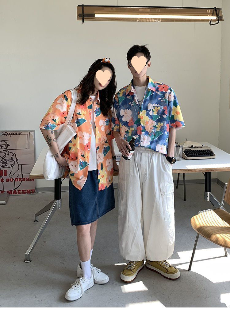 Summer Short Sleeve Floral Shirt for Men and Women Hawaiian Retro Hong Kong Style Loose Ice Silk Shirt Couple Outfit