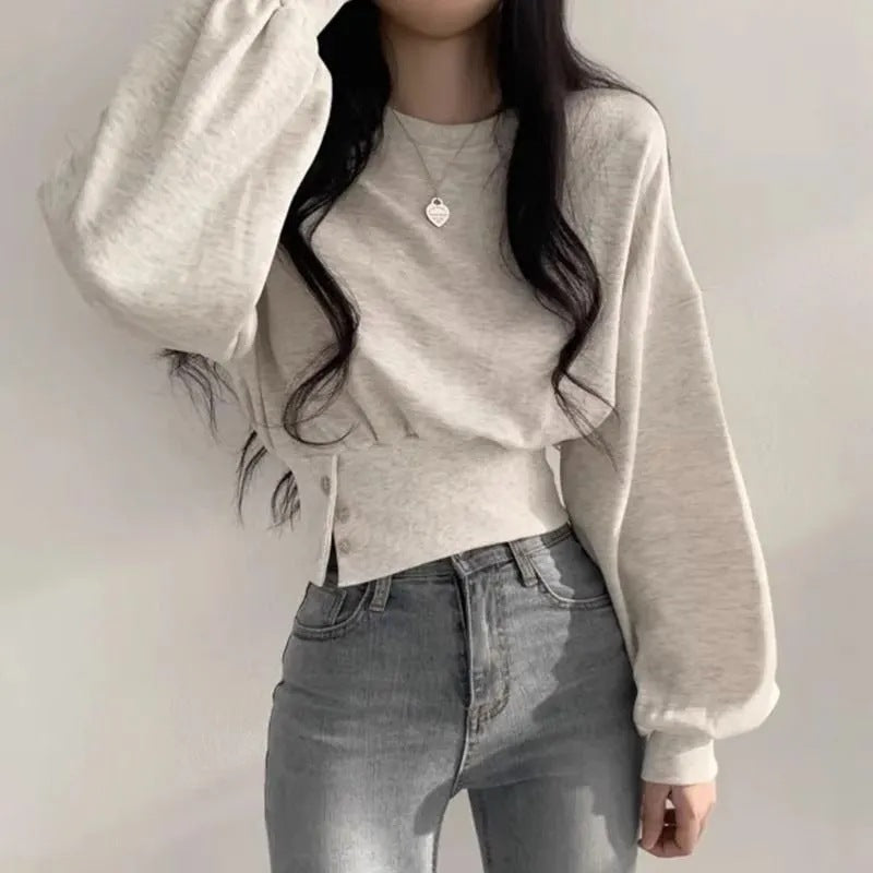 Polyester Fish Scale Korean Autumn Niche Design Round Neck Button Long Sleeve Short Pullover Sweatshirt for Women