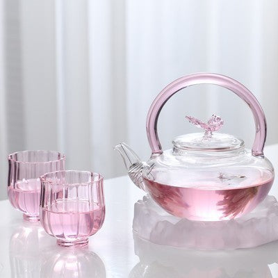 Teapot with Pink Handle Butterfly Teapot High Borosilicate Heat-Resistant Glass Teapot Electric Ceramic Stove Special Tea Brewing Teapot Flower Tea Teapot