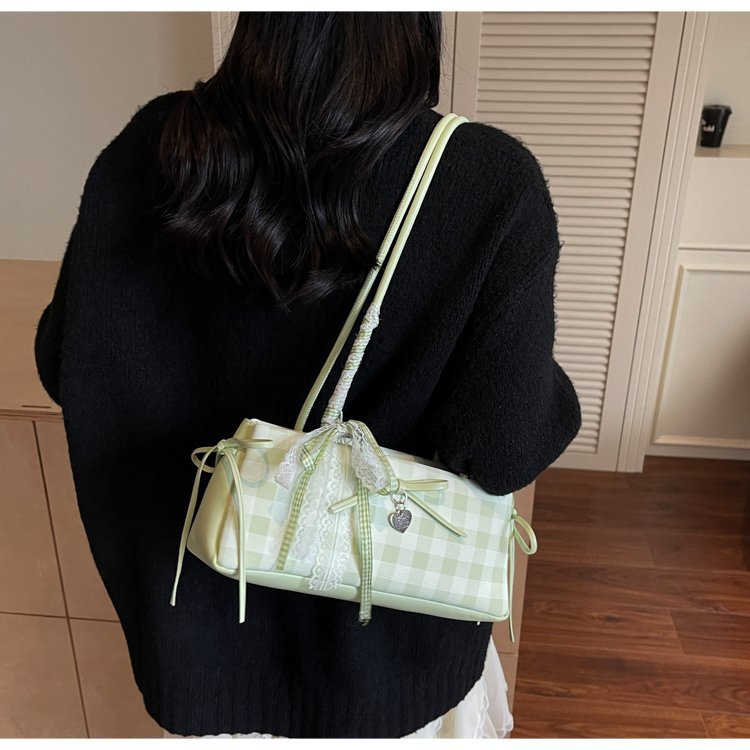 Dopamine Plaid Handbag Small Tote Bag for Women Summer2025New Ballet Style Bow Baguette Bag Underarm Bag Trendy