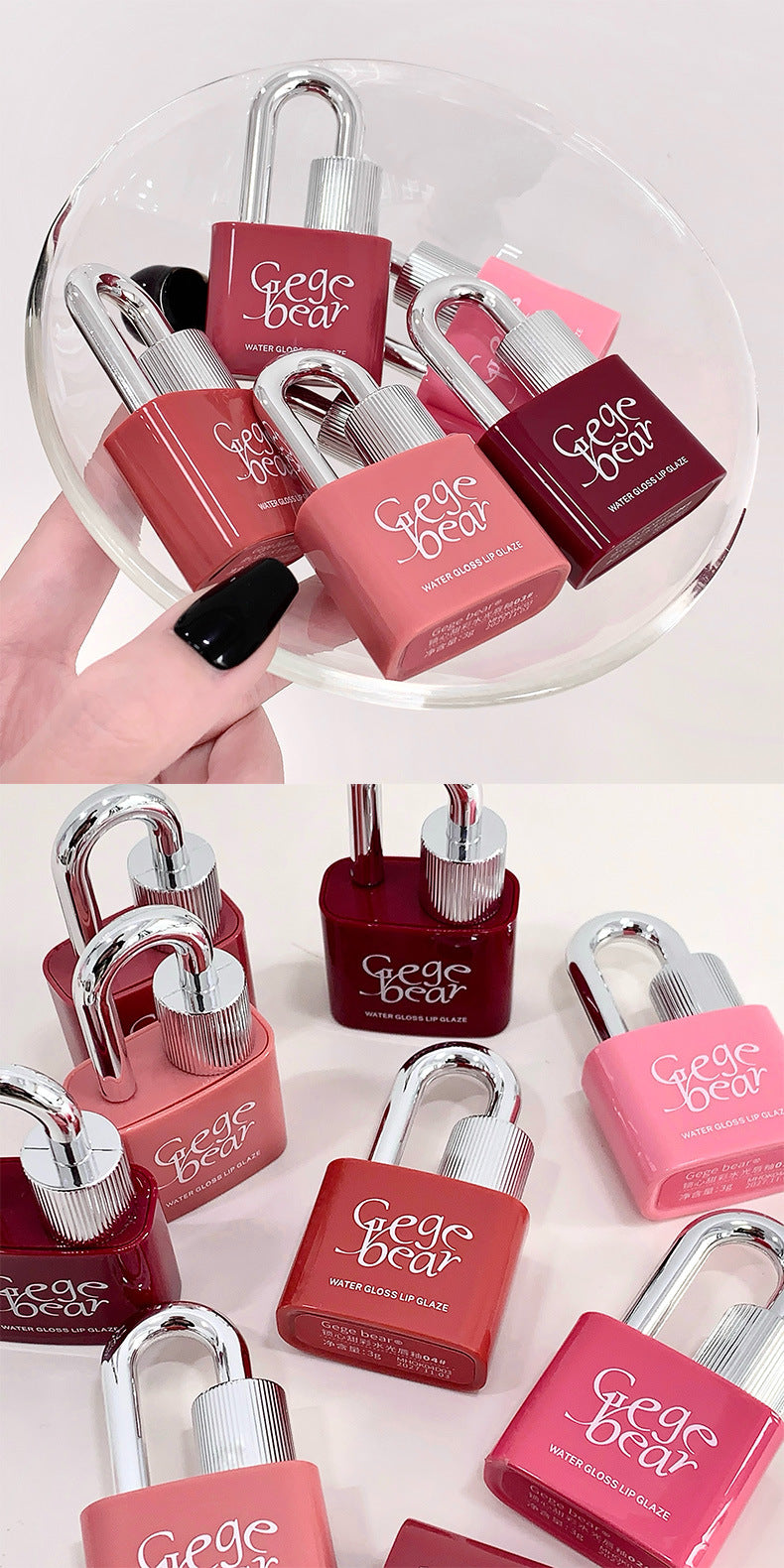 Gege bear Lock Heart Sweet Color Water Glossy Lip Glaze Moisturizing Mirror Color Pseudo-No-Makeup Cute Girl Affordable Lip Gloss