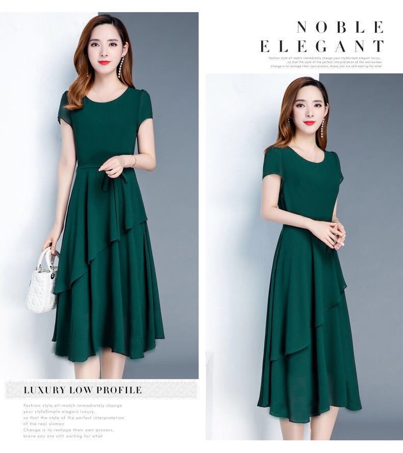 Summer New Fashionable Slimming Age-Reducing Skirt Elegant Mid-Length Style a Round Neck Plus Size Loose Women's Dress
