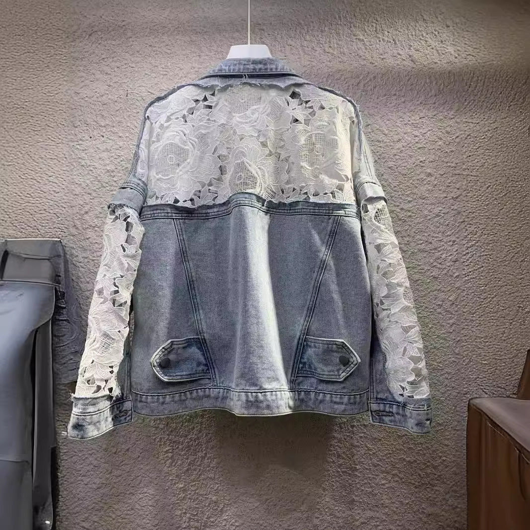2024Spring and Autumn New Loose Versatile Sunscreen Mesh See-through Lace Embroidered Short Denim Jacket for Women Trendy Top