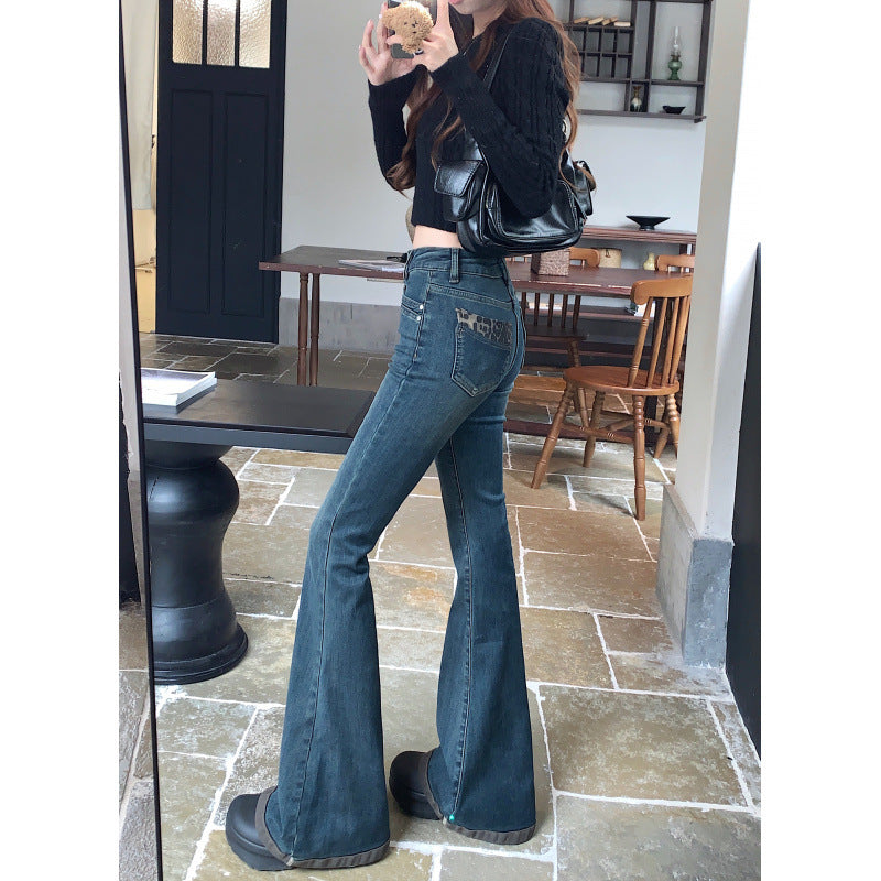 Washed Fleece-Lined Flared Jeans for Women, Autumn and Winter Vintage Slim High-Waisted Slimming Floor-Length Pants, Leg-Shaping