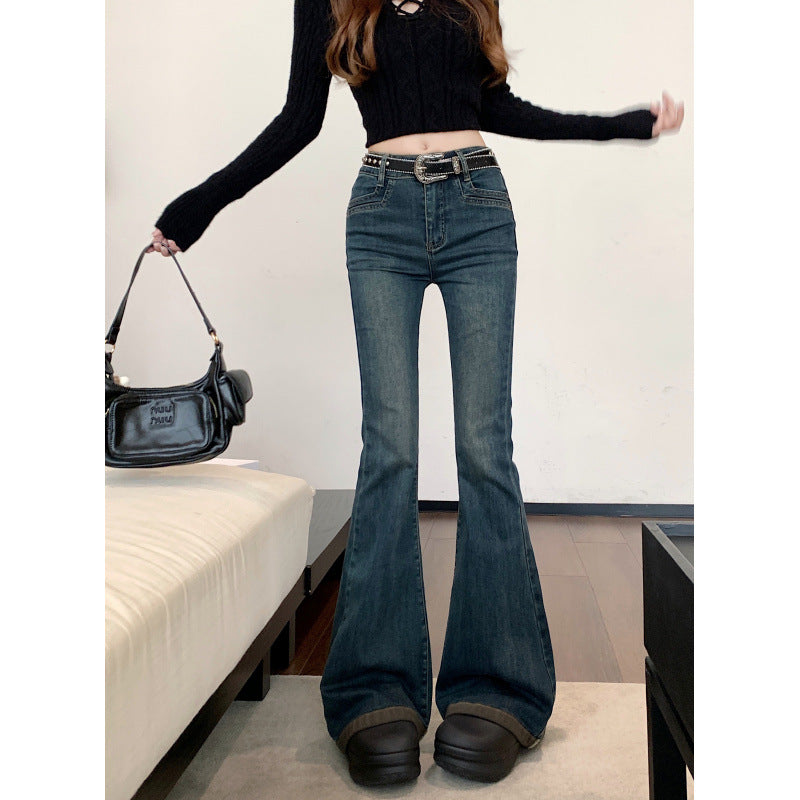 Washed Fleece-Lined Flared Jeans for Women, Autumn and Winter Vintage Slim High-Waisted Slimming Floor-Length Pants, Leg-Shaping