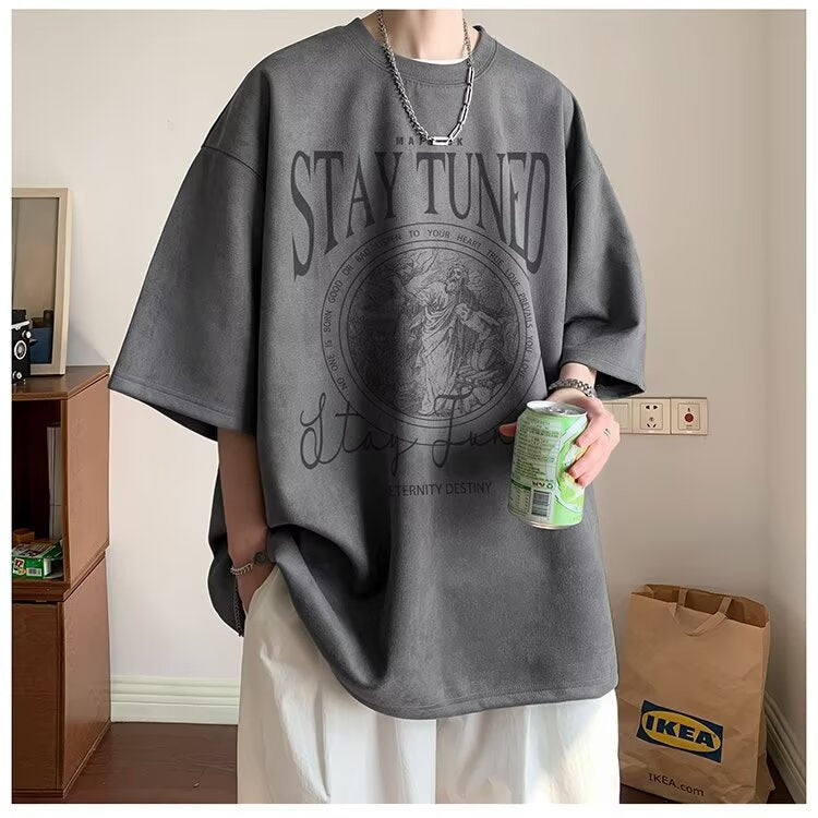 2025New Faux Suede Short Sleeve Men's Summer New American Style Heavyweight Trendy Loose Half Sleeve T Trendy Five-Sleeve Shirt