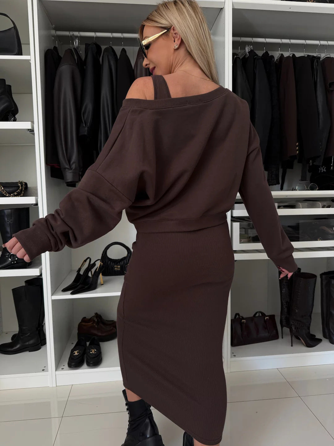 Amazon European and American Cross-Border New Spring Summer Women's Solid Color Clothing V Collar Long Sleeve Sweater Sling Slim Fit Long Dress2Set