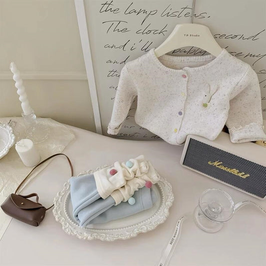 【Sweet Little Chef】Korean Children's Clothing Baby Girl 3D Rabbit Cardigan Sweater Jacket Ball Leggings Two-Piece Set