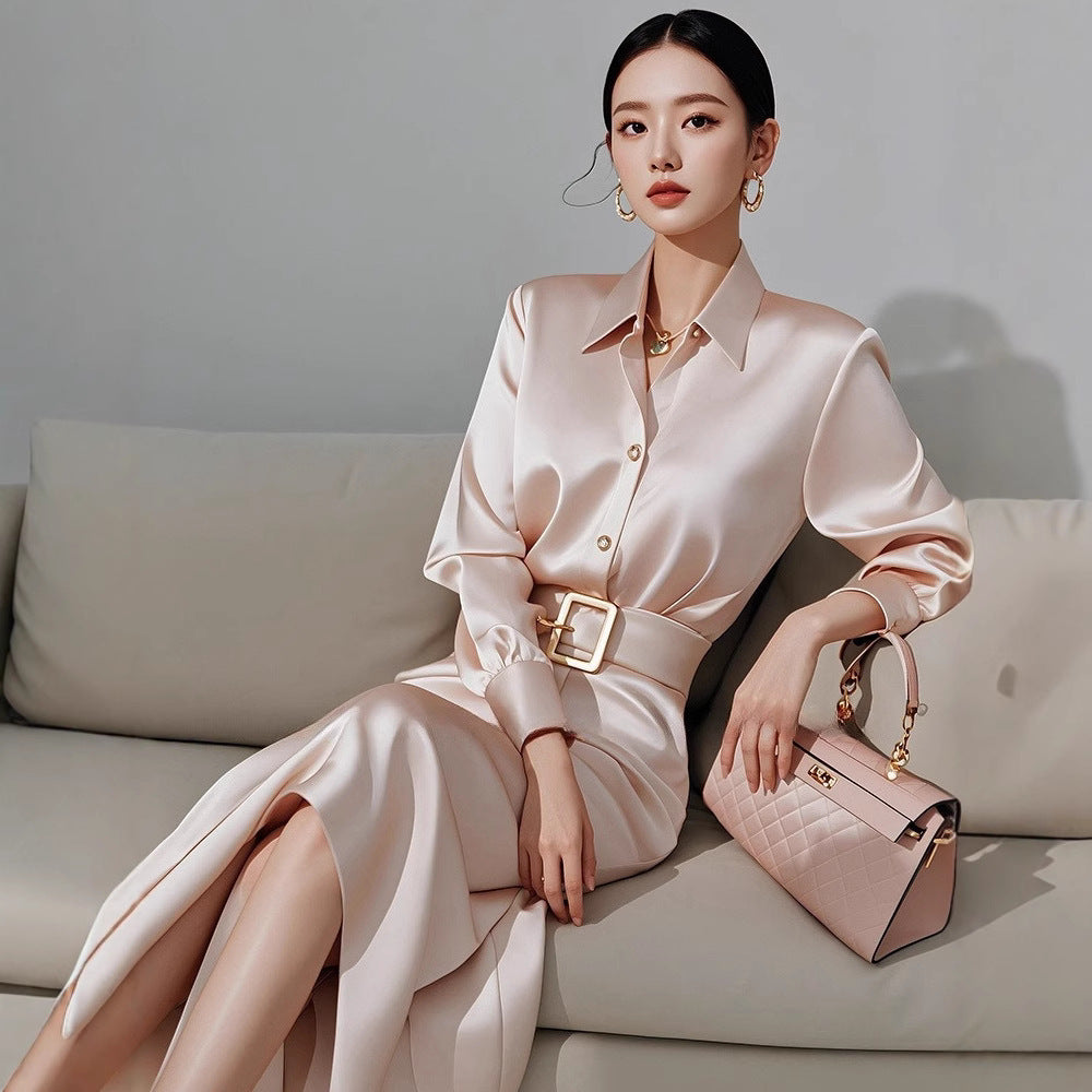 2025Spring French Style for Important Occasions Elegant and High-End Champagne Color Shirt Dress