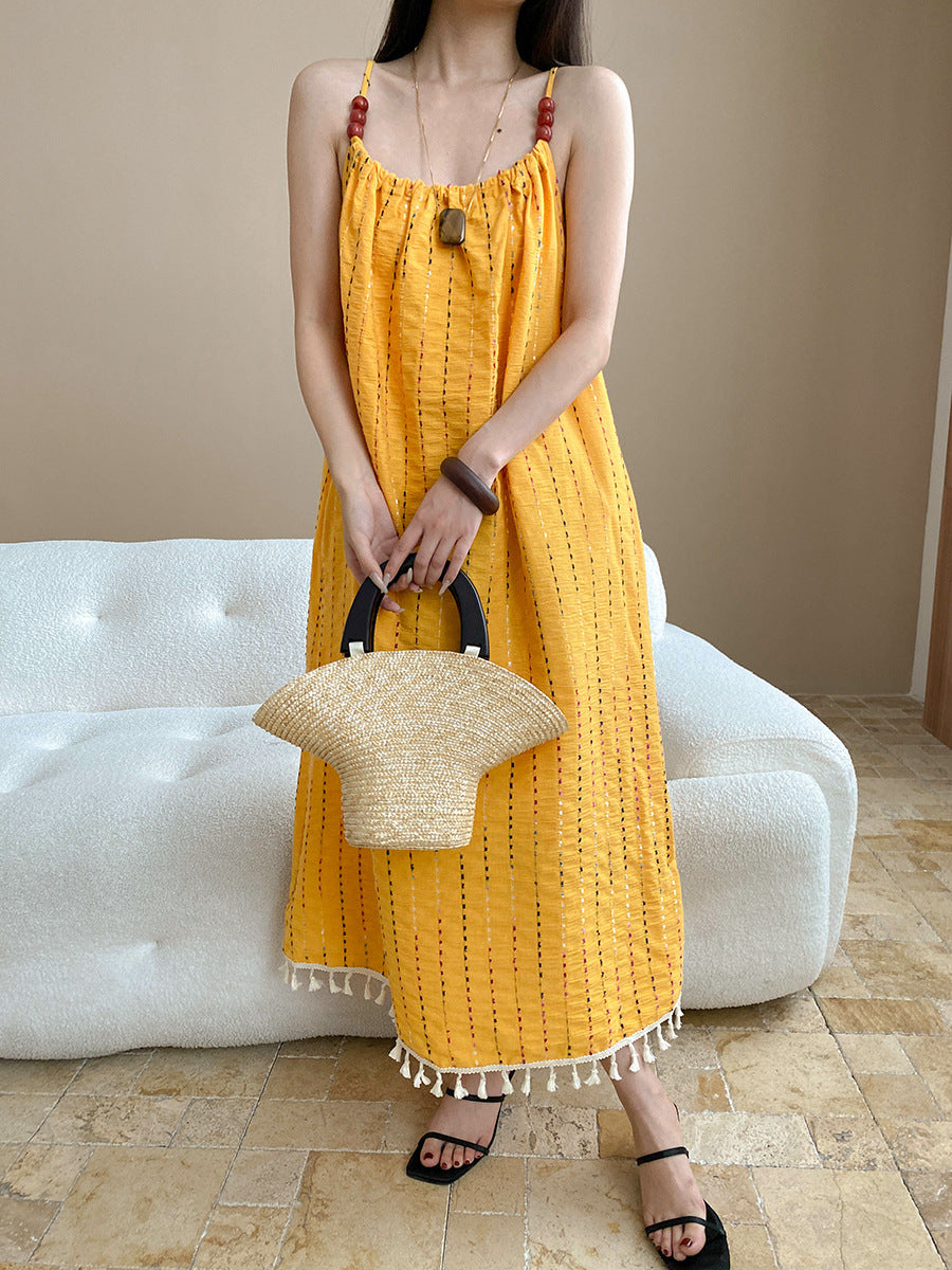Sinan At dusk and sunset Full Grid Line Beach Vacation Tassel Beaded Strap Dress SN7536