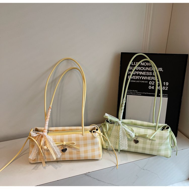Dopamine Plaid Handbag Small Tote Bag for Women Summer2025New Ballet Style Bow Baguette Bag Underarm Bag Trendy