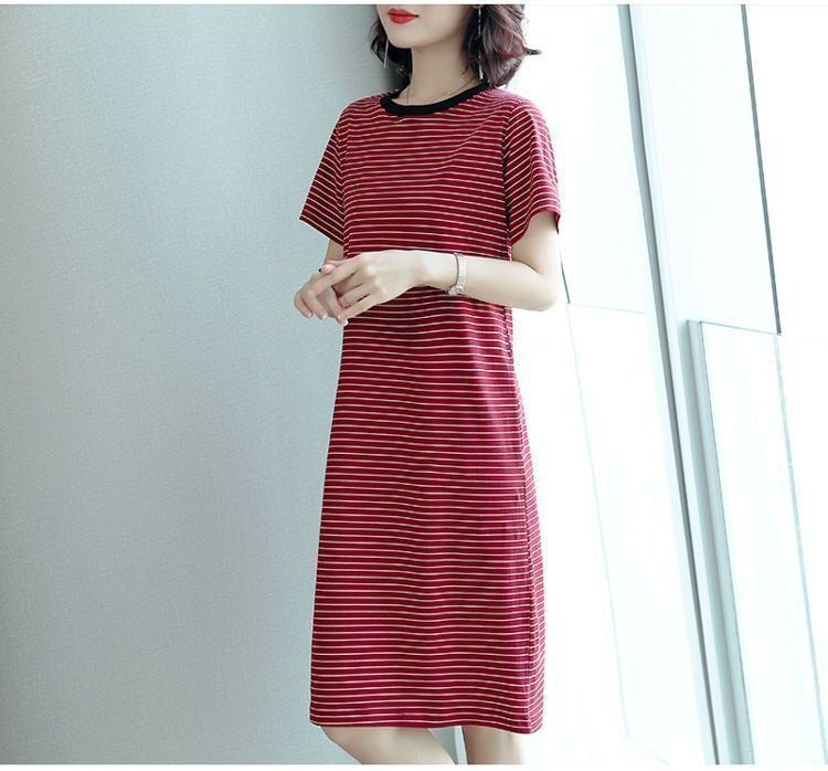 Summer Waist-Cinching Dress Plus Size Middle-Aged and Elderly Mom Outfit Mid-Length Striped Short Sleeve T Women's T-shirt Skirt Cross-Border Wholesale