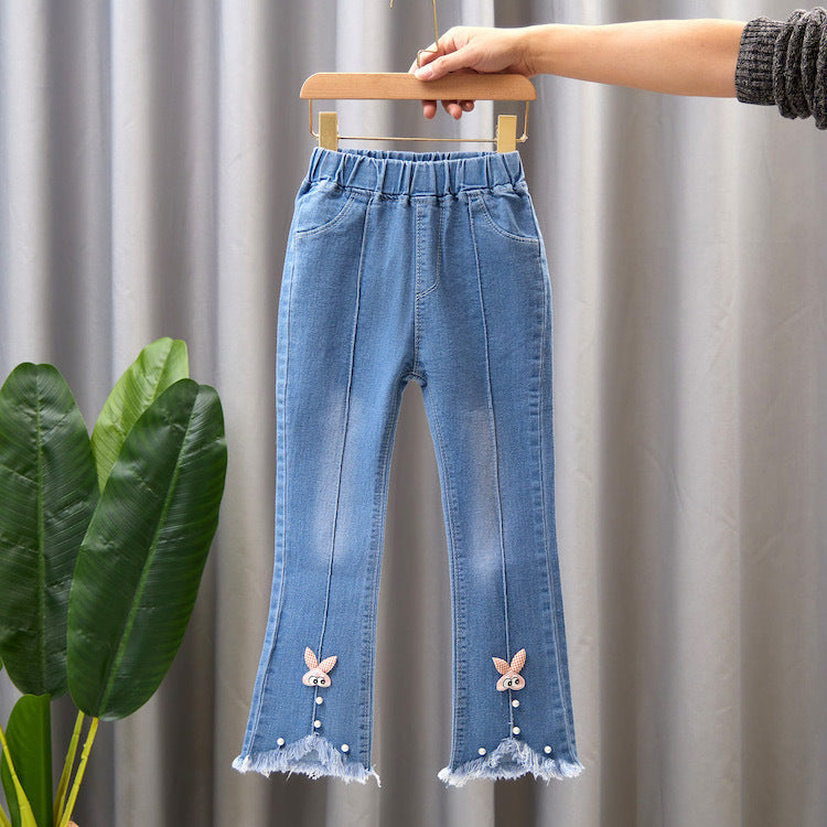 Children's Clothing Wholesale Girls' Jeans Spring and Autumn New Style Medium and Large Children's Slim Pants Baby Casual Girls' Flared Long Pants