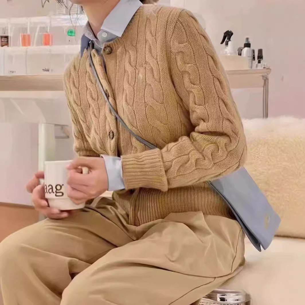 Counter Same Style Pony Embroidery Wool Cable Vintage Knitted Cardigan Women Autumn Winter Sweater Round Neck Thick Coat Top
