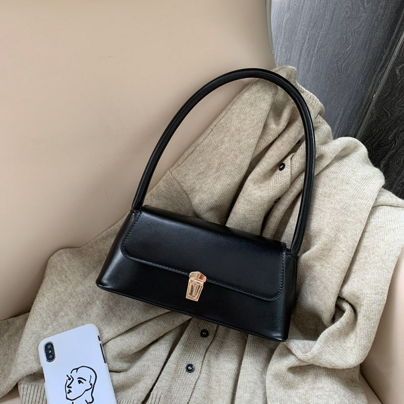 Textured French Style Women's New Fashion Retro2025Large Capacity Casual Solid Color Lock Buckle Handheld Baguette Underarm Bag for Women