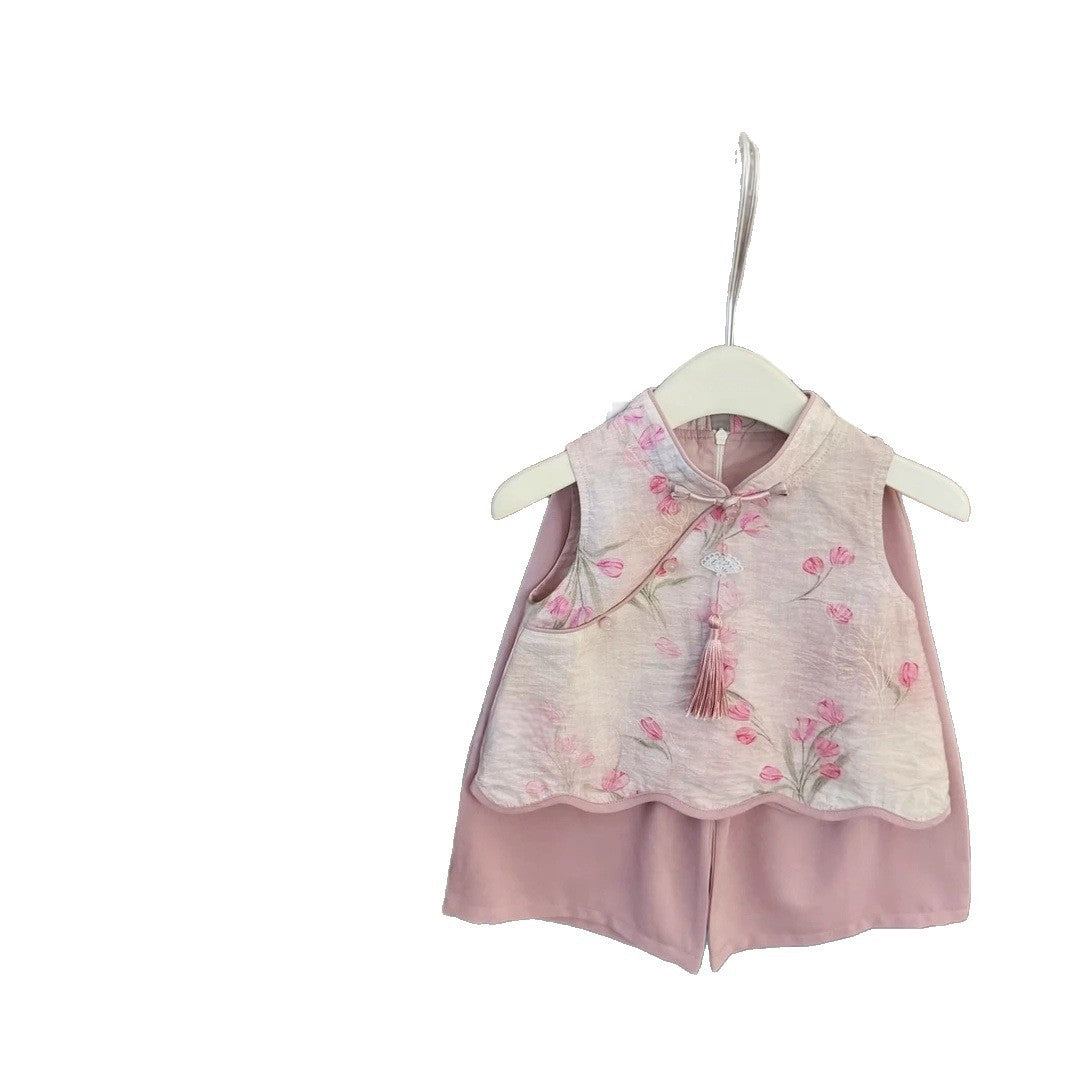【Sweet Little Chef】Drunk Peach Blossom!Baby Girl New Chinese Style Pink Jacquard Cheongsam Straight Pants Fashionable Set