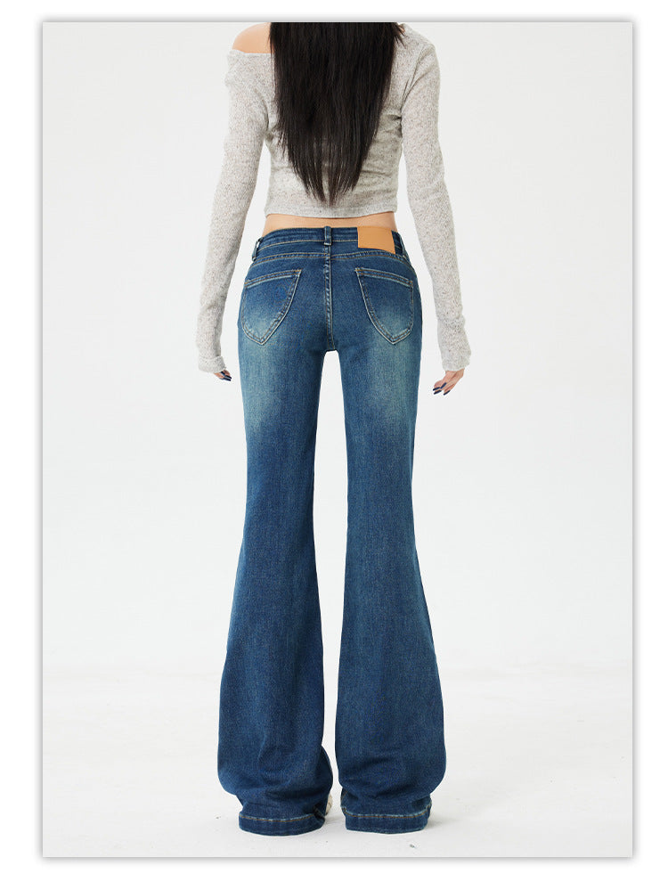 American Style Spicy Girl Retro Flared Jeans for Women Spring and Autumn2025New dark blue low-waist wide-leg floor-length pants