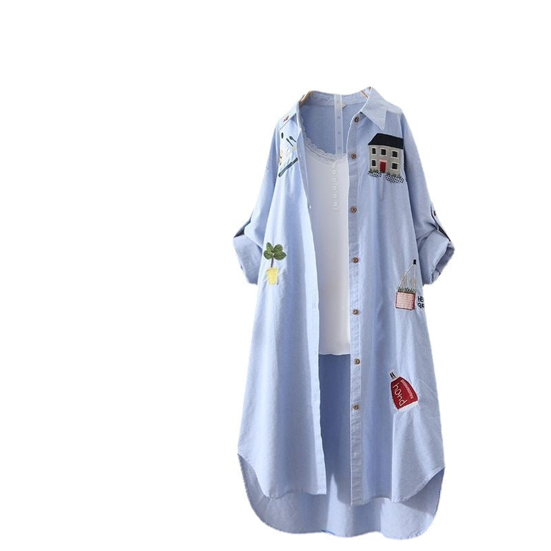 In Stock Japanese and Korean Style Spring Summer Two-Way Cotton Shirt for Women Loose Mid-Length Top Artistic Embroidery Short Sleeve Jacket