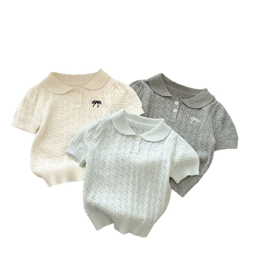 Sweet Little Sister New Summer Outfit Korean Style Girls' Clothing Bow Collar Short Sleeve Stylish Fashionable Super Cute Knitted Sweater Trendy