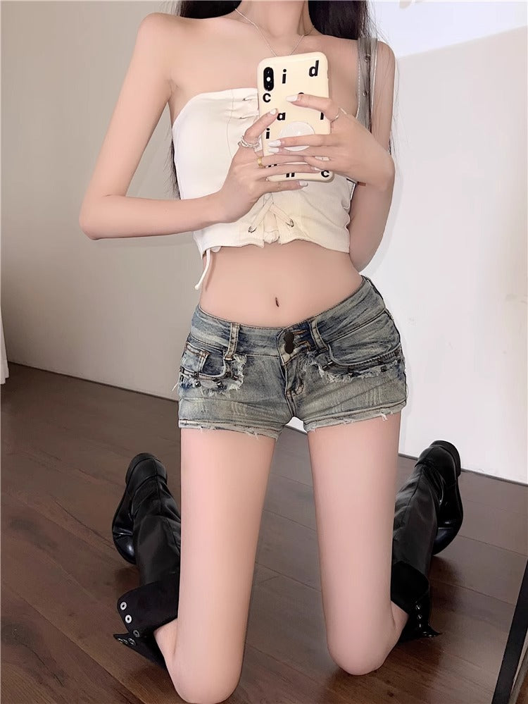 Muzi Nana American Style Spicy Girl Low Waist Denim Ultra Short Pants for Women2024New Tight-Fitting Hip-Hugging Hot Pants Blue Frayed Edge